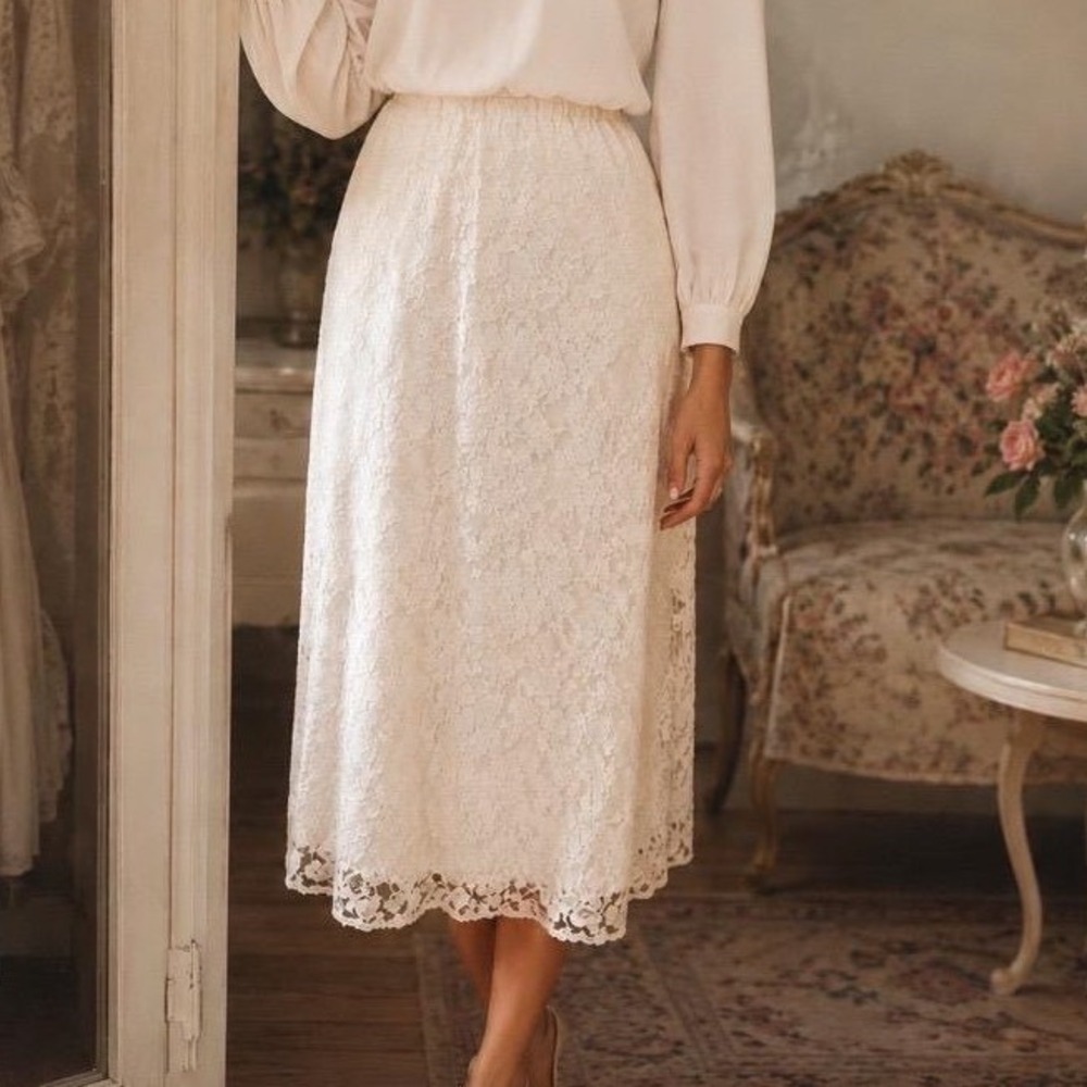 Vintage Scott McClintock Gunne Sax Ivory Lace Midi Skirt NWT Sz S  deadstock